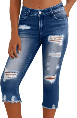 Capri Ripped Jeans for Women Low Rise Distressed Denim Capris Vintage Wash Skinny Jeans Cropped Pants with Pockets