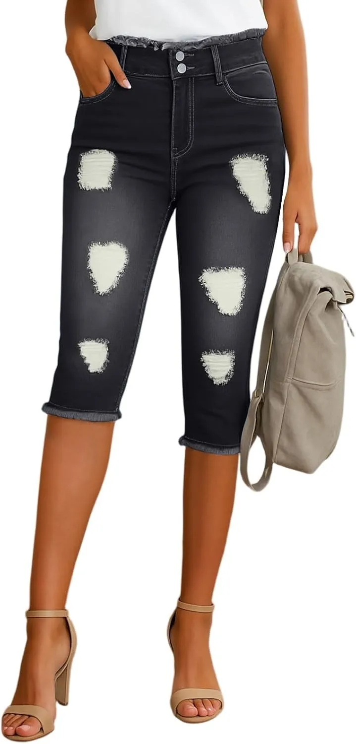 Capri Ripped Jeans for Women Low Rise Distressed Denim Capris Vintage Wash Skinny Jeans Cropped Pants with Pockets