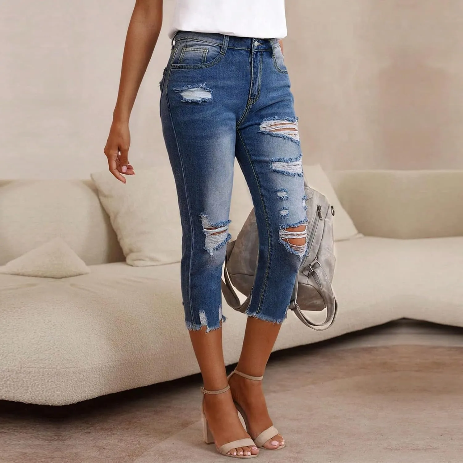 Capri Ripped Jeans for Women Low Rise Distressed Denim Capris Vintage Wash Skinny Jeans Cropped Pants with Pockets