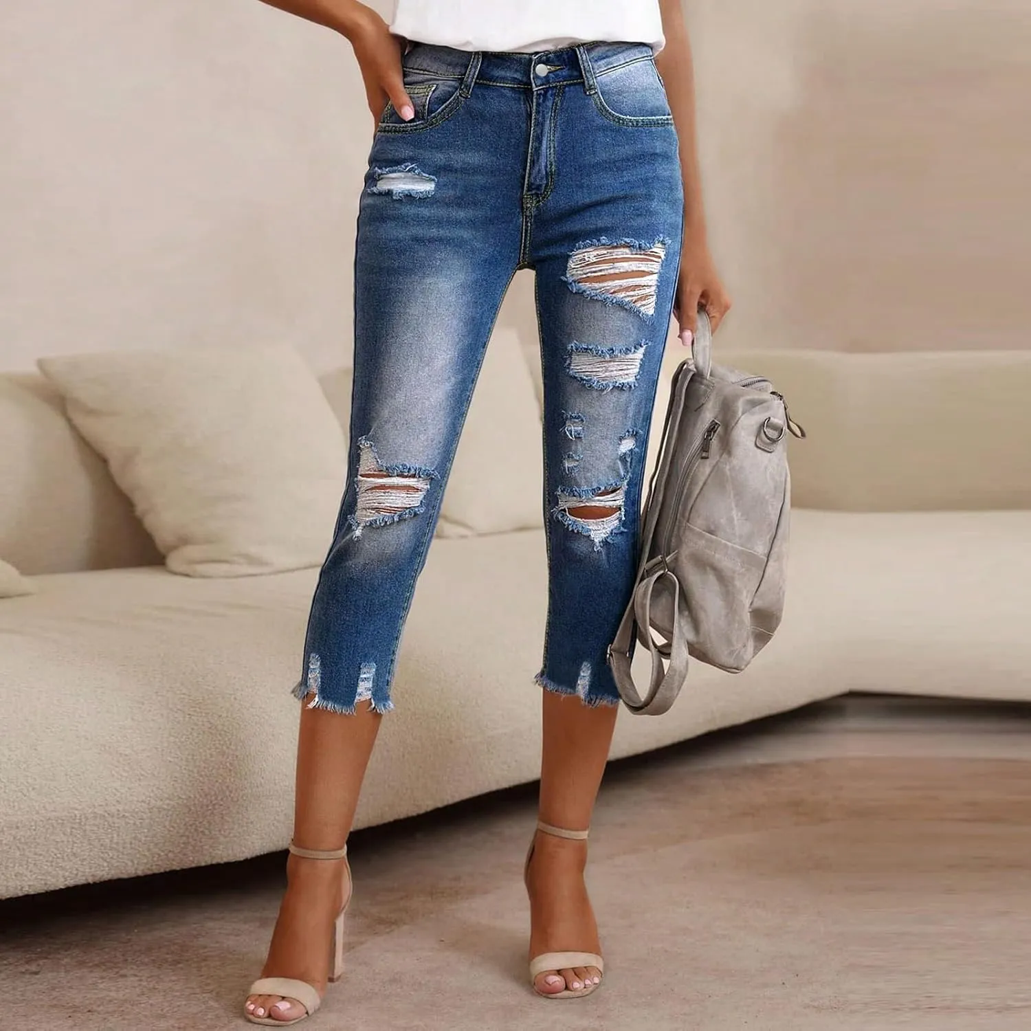 Capri Ripped Jeans for Women Low Rise Distressed Denim Capris Vintage Wash Skinny Jeans Cropped Pants with Pockets