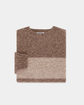 Made-in-Scotland Nutmeg & Tan Shaggy Dog Block Stripe Sweater - Trim Fit Snuggle Look