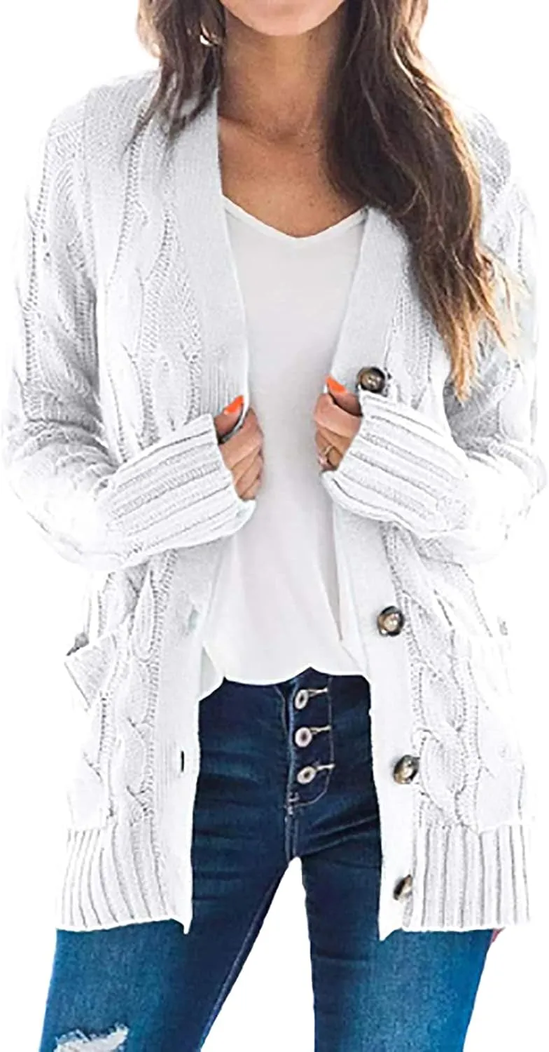 Cardigan Sweaters for Women 2024 Casual Long Sleeve Button Down Open Front Jackets Plus Size Cable Knit Sweater with Pockets