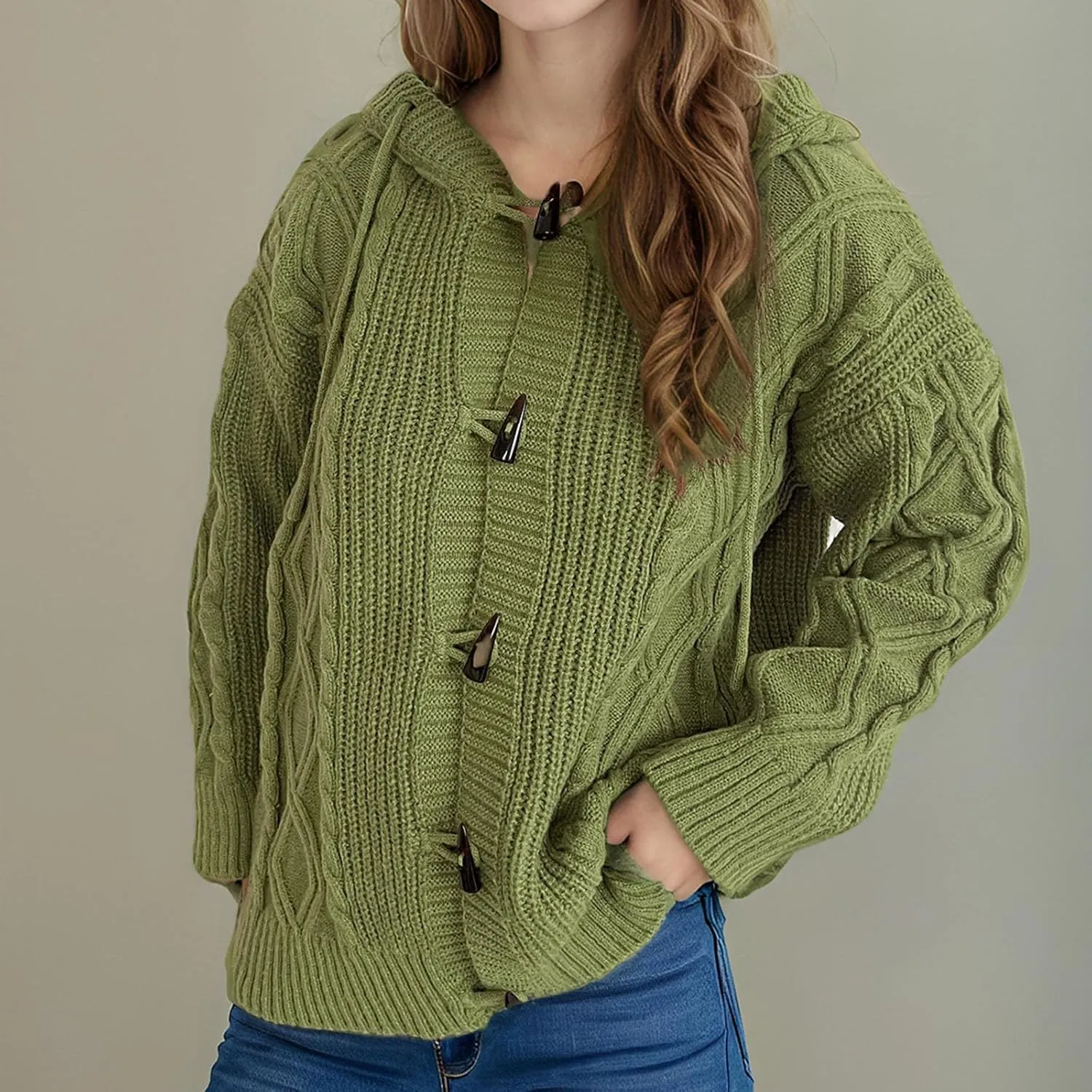 Cardigan Sweaters for Women Open Front Long Sleeve Horn Button Sweaters Jackets Chunky Knitted Hooded Outerwear Coats