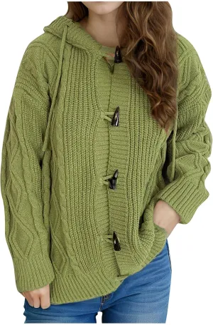 Cardigan Sweaters for Women Open Front Long Sleeve Horn Button Sweaters Jackets Chunky Knitted Hooded Outerwear Coats