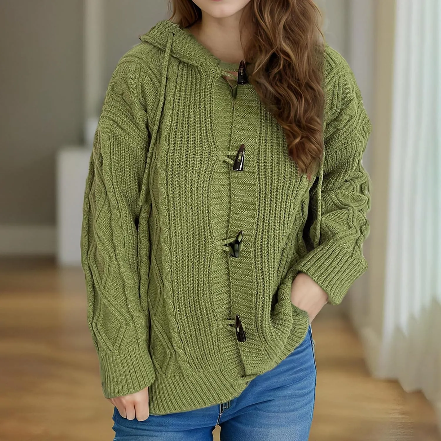 Cardigan Sweaters for Women Open Front Long Sleeve Horn Button Sweaters Jackets Chunky Knitted Hooded Outerwear Coats