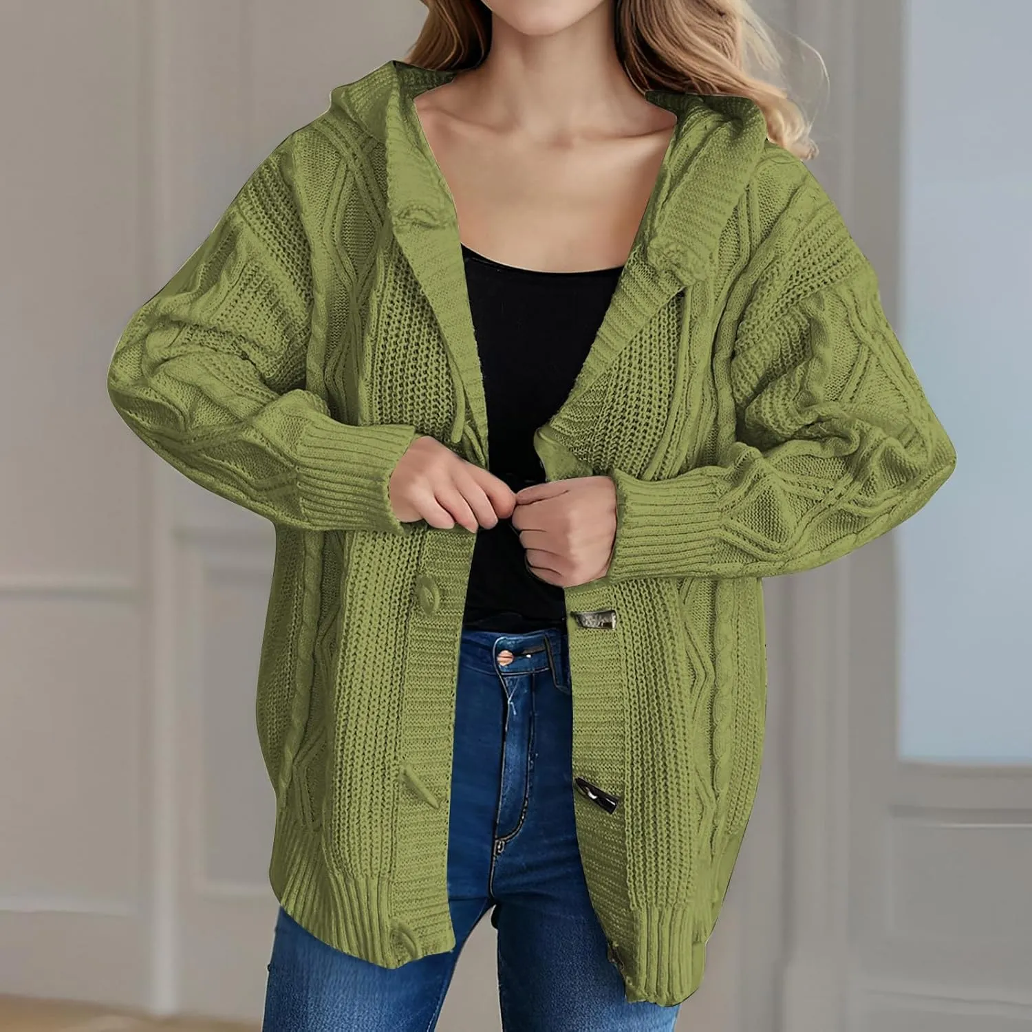 Cardigan Sweaters for Women Open Front Long Sleeve Horn Button Sweaters Jackets Chunky Knitted Hooded Outerwear Coats