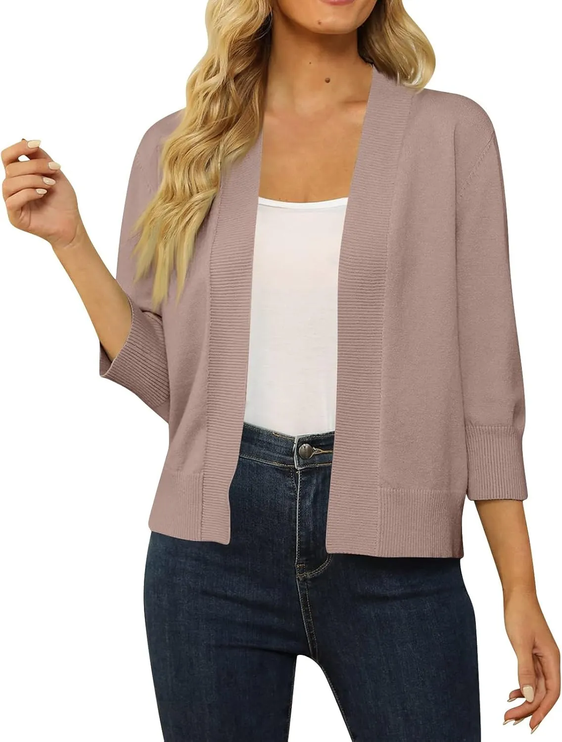 Cardigans for Women Trendy 3/4 Sleeve Open Front Cropped Solid Knit Cardigan Sweater Elegant Shrugs for Women