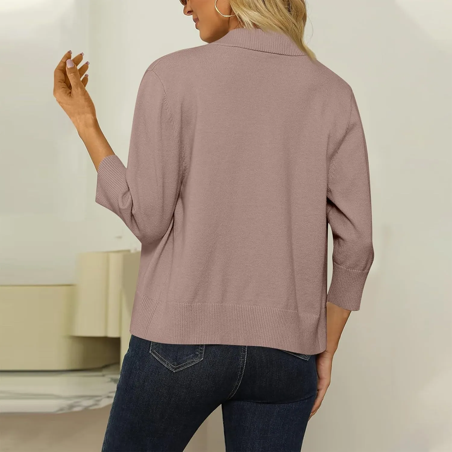 Cardigans for Women Trendy 3/4 Sleeve Open Front Cropped Solid Knit Cardigan Sweater Elegant Shrugs for Women