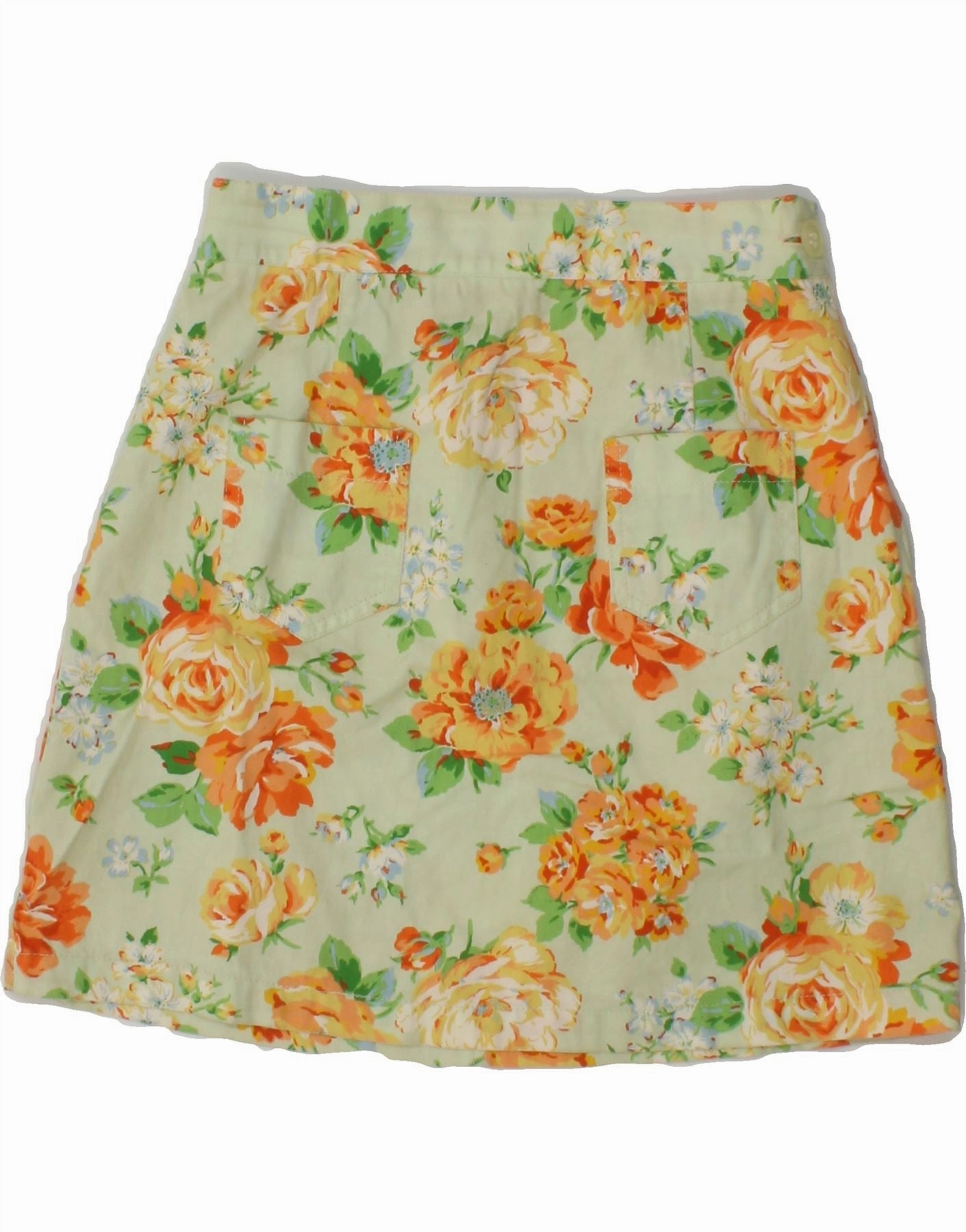 VINTAGE Girls Mini Skirt 13-14 Years W24  Green Floral Cotton Smooth Drape Simple Form
