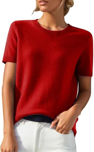 Cashmere Sweaters for Women 2025 Casual Crew Neck Short Sleeve Wool Sweater Lightweight Soft Knitted T-Shirt Tops