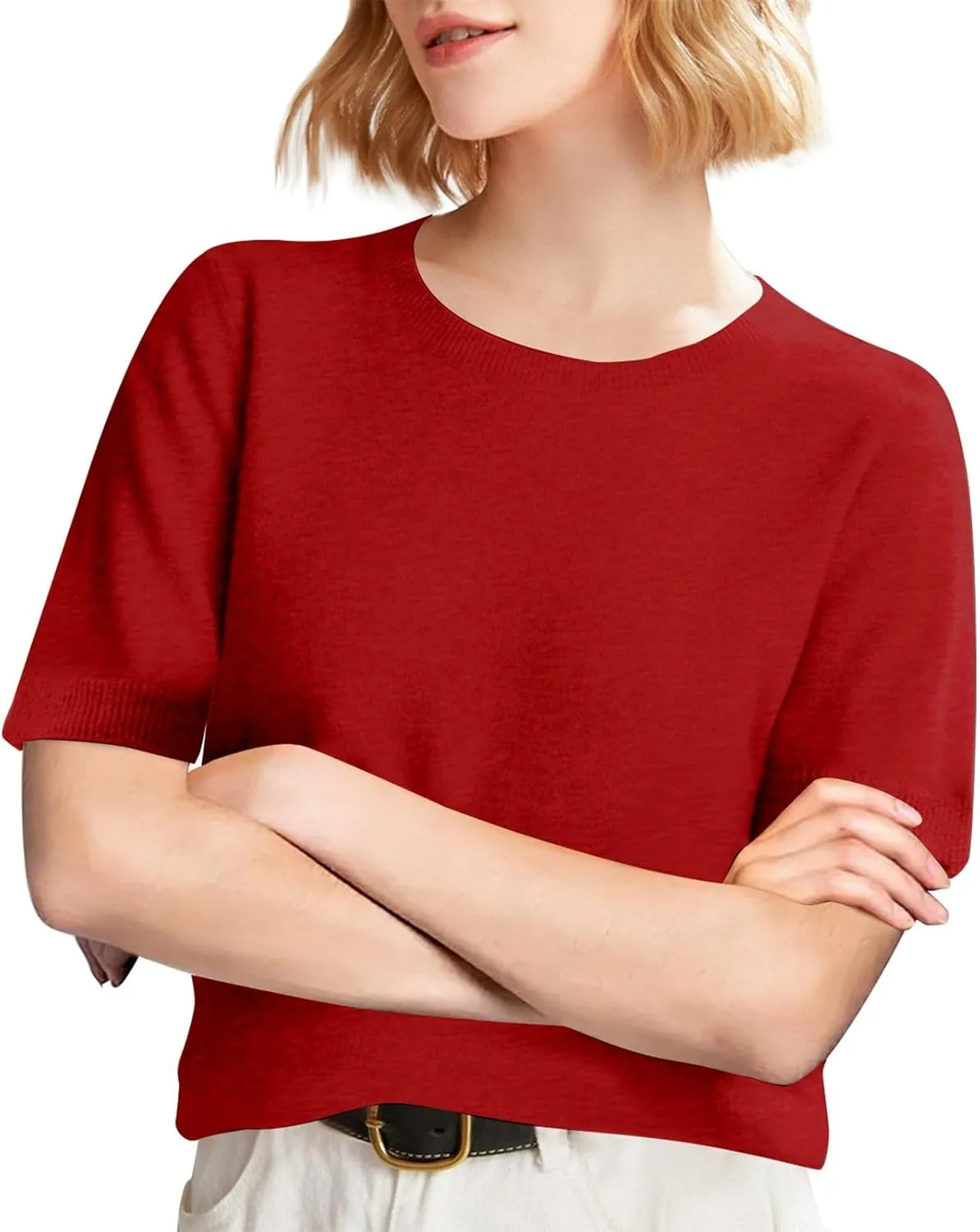 Cashmere Sweaters for Women 2025 Casual Crew Neck Short Sleeve Wool Sweater Lightweight Soft Knitted T-Shirt Tops