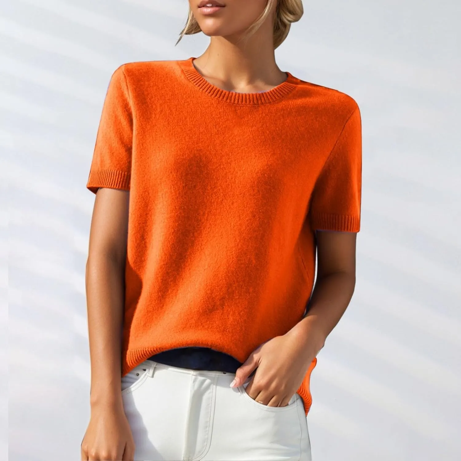 Cashmere Sweaters for Women 2025 Casual Crew Neck Short Sleeve Wool Sweater Lightweight Soft Knitted T-Shirt Tops