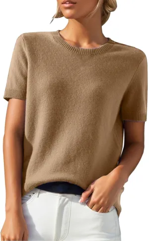 Cashmere Sweaters for Women 2025 Casual Crew Neck Short Sleeve Wool Sweater Lightweight Soft Knitted T-Shirt Tops