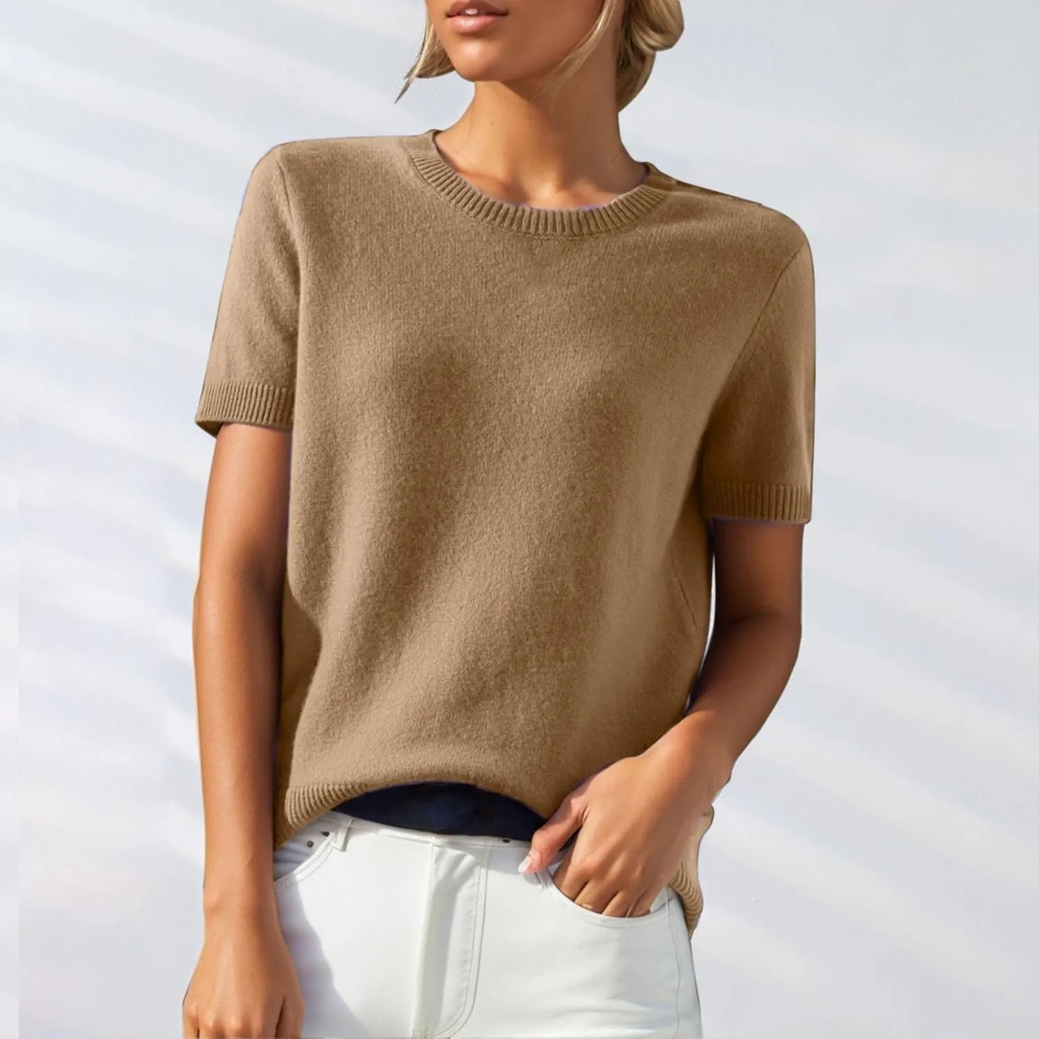 Cashmere Sweaters for Women 2025 Casual Crew Neck Short Sleeve Wool Sweater Lightweight Soft Knitted T-Shirt Tops