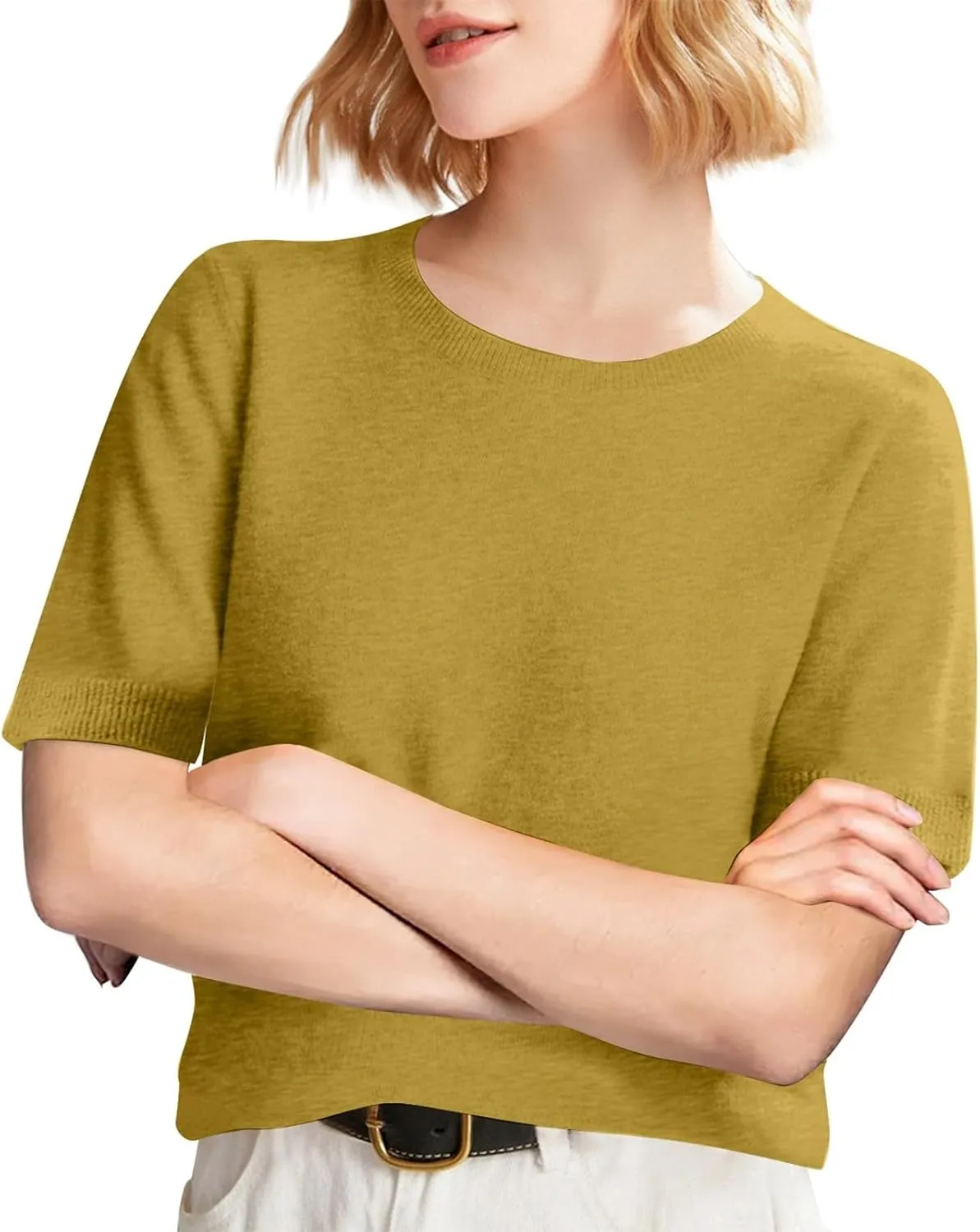 Cashmere Sweaters for Women 2025 Casual Crew Neck Short Sleeve Wool Sweater Lightweight Soft Knitted T-Shirt Tops