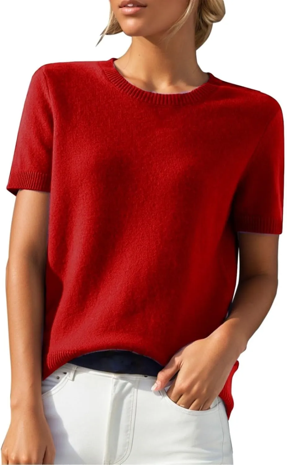 Cashmere Sweaters for Women 2025 Casual Crew Neck Short Sleeve Wool Sweater Lightweight Soft Knitted T-Shirt Tops