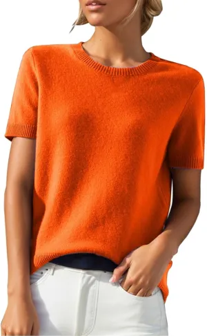 Cashmere Sweaters for Women 2025 Casual Crew Neck Short Sleeve Wool Sweater Lightweight Soft Knitted T-Shirt Tops