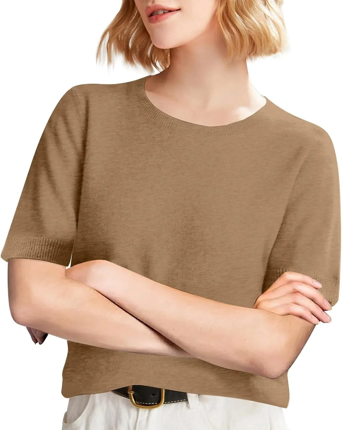 Cashmere Sweaters for Women 2025 Casual Crew Neck Short Sleeve Wool Sweater Lightweight Soft Knitted T-Shirt Tops