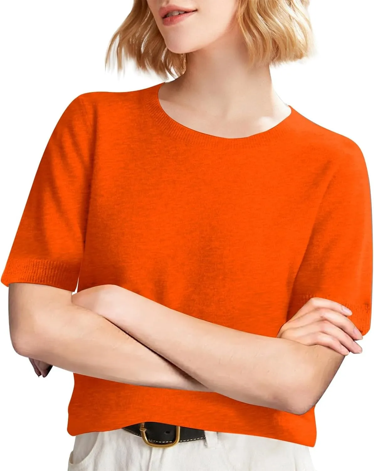 Cashmere Sweaters for Women 2025 Casual Crew Neck Short Sleeve Wool Sweater Lightweight Soft Knitted T-Shirt Tops