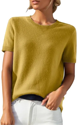 Cashmere Sweaters for Women 2025 Casual Crew Neck Short Sleeve Wool Sweater Lightweight Soft Knitted T-Shirt Tops
