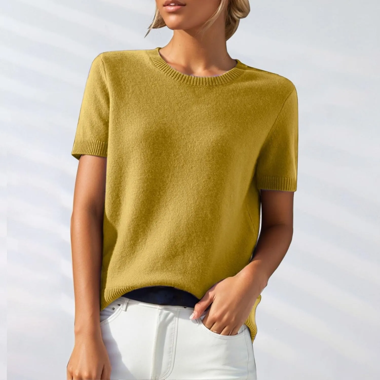 Cashmere Sweaters for Women 2025 Casual Crew Neck Short Sleeve Wool Sweater Lightweight Soft Knitted T-Shirt Tops