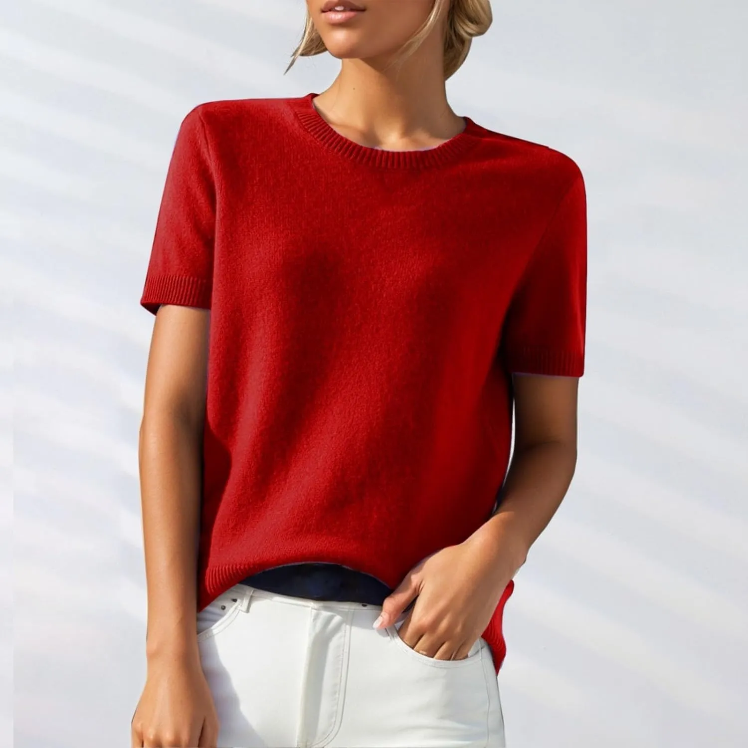 Cashmere Sweaters for Women 2025 Casual Crew Neck Short Sleeve Wool Sweater Lightweight Soft Knitted T-Shirt Tops
