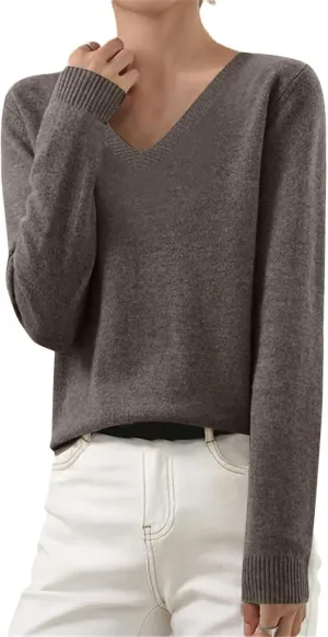 Cashmere Sweaters for Women Long Sleeve V Neck Pullover Sweater Soft Warm Cozy Lightweight Wool Knit Jumpers Sweater Beige Sweater Woman Cute Fall Sweaters