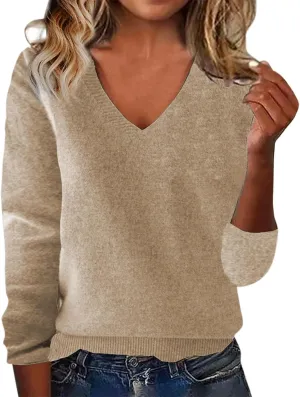 Cashmere Sweaters for Women V Neck Long Sleeve Warm Wool Sweater Soft Cozy Pullover Tops Trendy Wool Knitted Sweaters