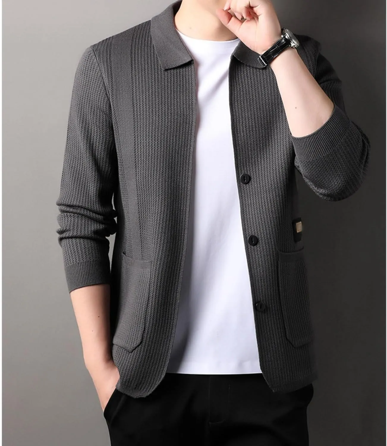Casual Cardigan Sweaters for Men Lapel Button Down Knit Textured Sweater Business Coat