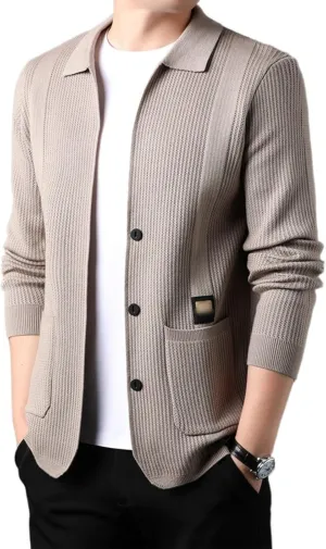 Casual Cardigan Sweaters for Men Lapel Button Down Knit Textured Sweater Business Coat