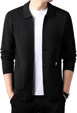 Casual Cardigan Sweaters for Men Lapel Button Down Knit Textured Sweater Business Coat