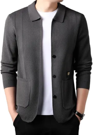 Casual Cardigan Sweaters for Men Lapel Button Down Knit Textured Sweater Business Coat