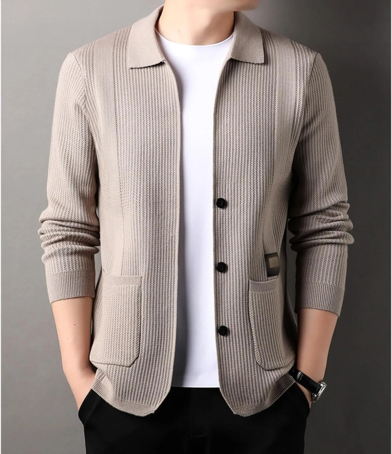 Casual Cardigan Sweaters for Men Lapel Button Down Knit Textured Sweater Business Coat