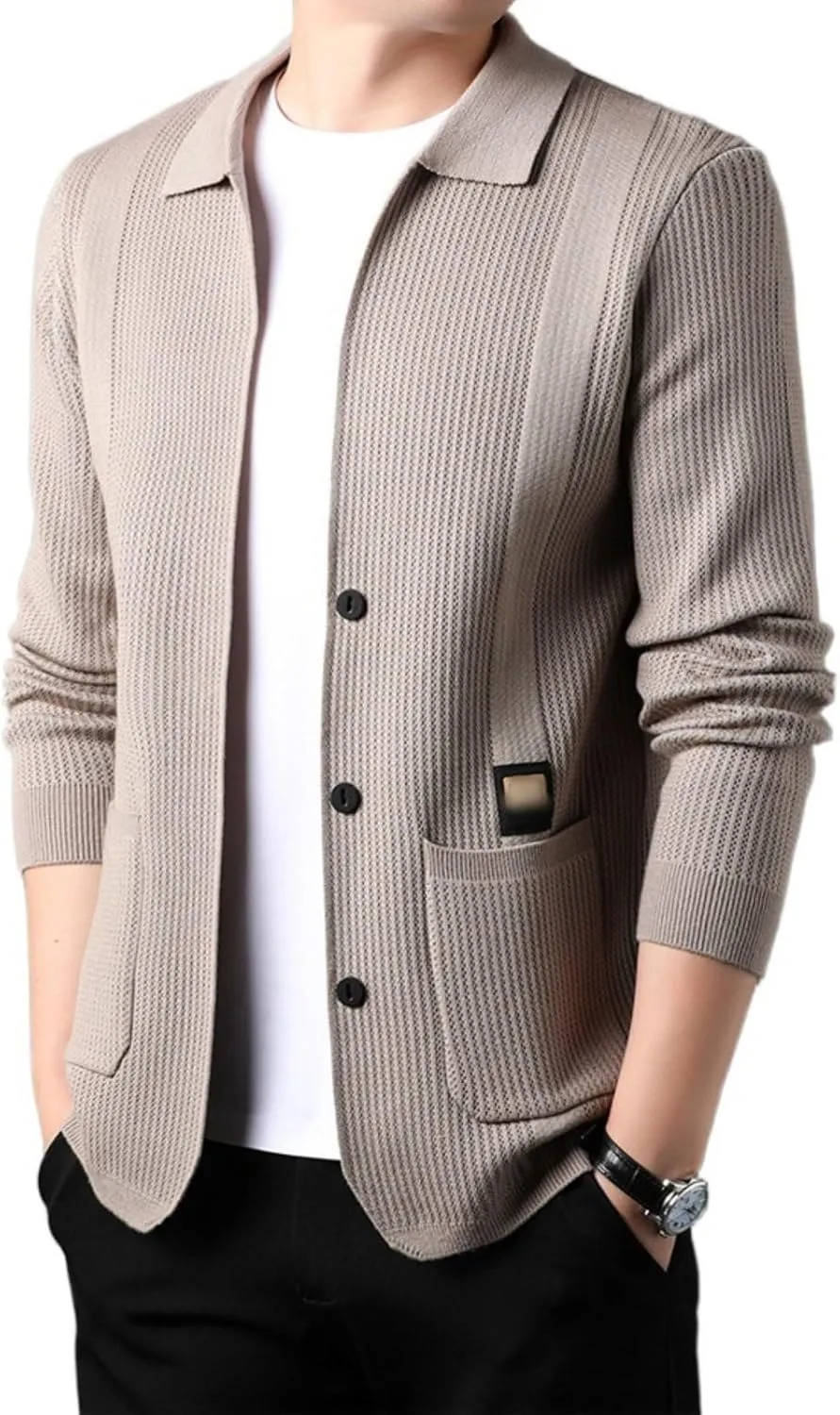 Casual Cardigan Sweaters for Men Lapel Button Down Knit Textured Sweater Business Coat