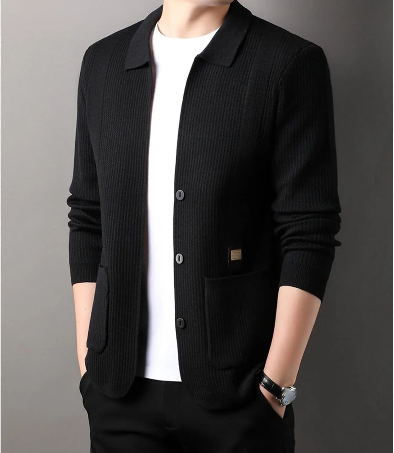 Casual Cardigan Sweaters for Men Lapel Button Down Knit Textured Sweater Business Coat