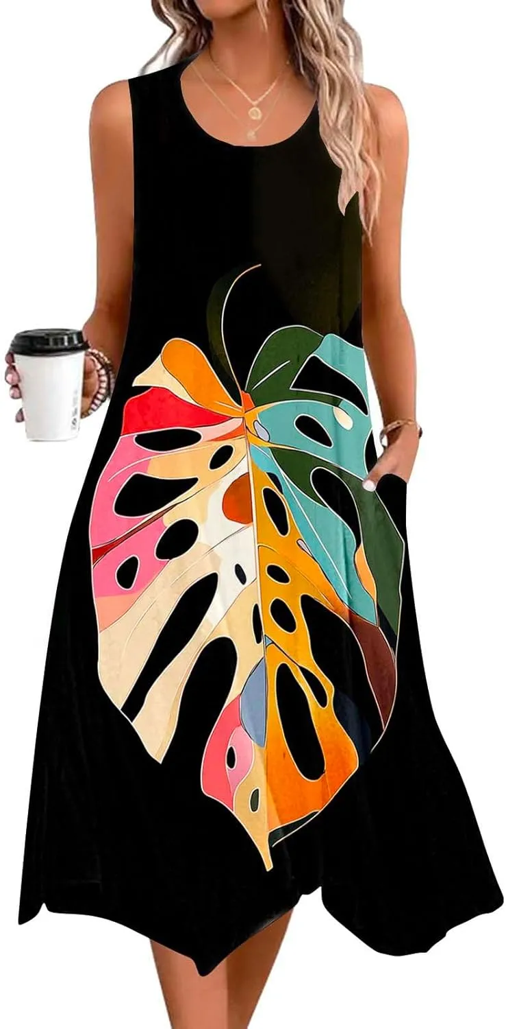 Casual Dresses for Women Summer Beach Vacation Sleeveless Sundress Flowy Irregular Hem Fashion Dress with Pockets