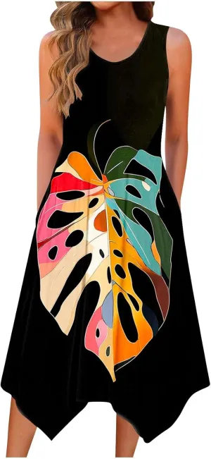 Casual Dresses for Women Summer Beach Vacation Sleeveless Sundress Flowy Irregular Hem Fashion Dress with Pockets