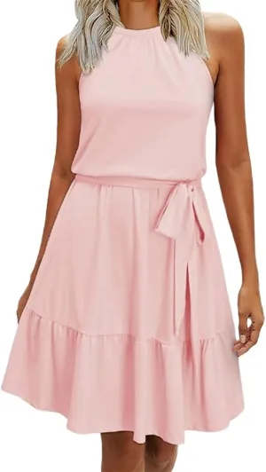 Casual Midi Dress for Women Summer Loose Crewneck Sleeveless Tank Dresses Elegant Lace Up Layed Ruffle Hem Sundress