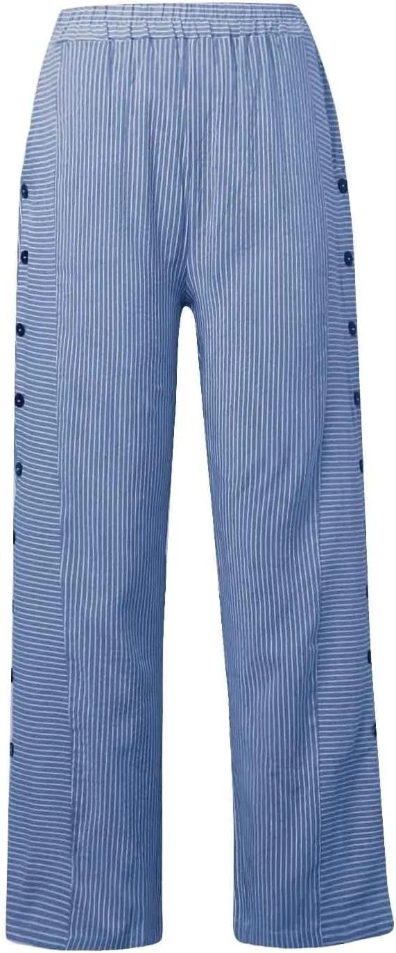 Casual Pants for Women Trendy Striped Side Button Elastic Waist Casual Pants Straight Leg Baggy Trousers with Pockets
