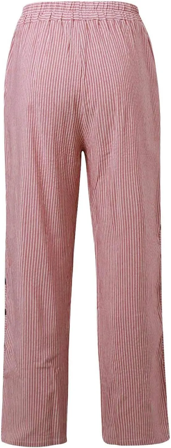 Casual Pants for Women Trendy Striped Side Button Elastic Waist Casual Pants Straight Leg Baggy Trousers with Pockets