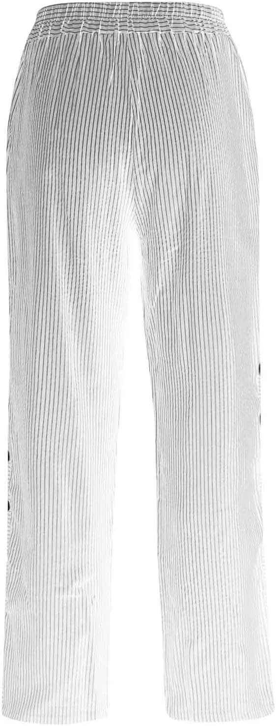 Casual Pants for Women Trendy Striped Side Button Elastic Waist Casual Pants Straight Leg Baggy Trousers with Pockets