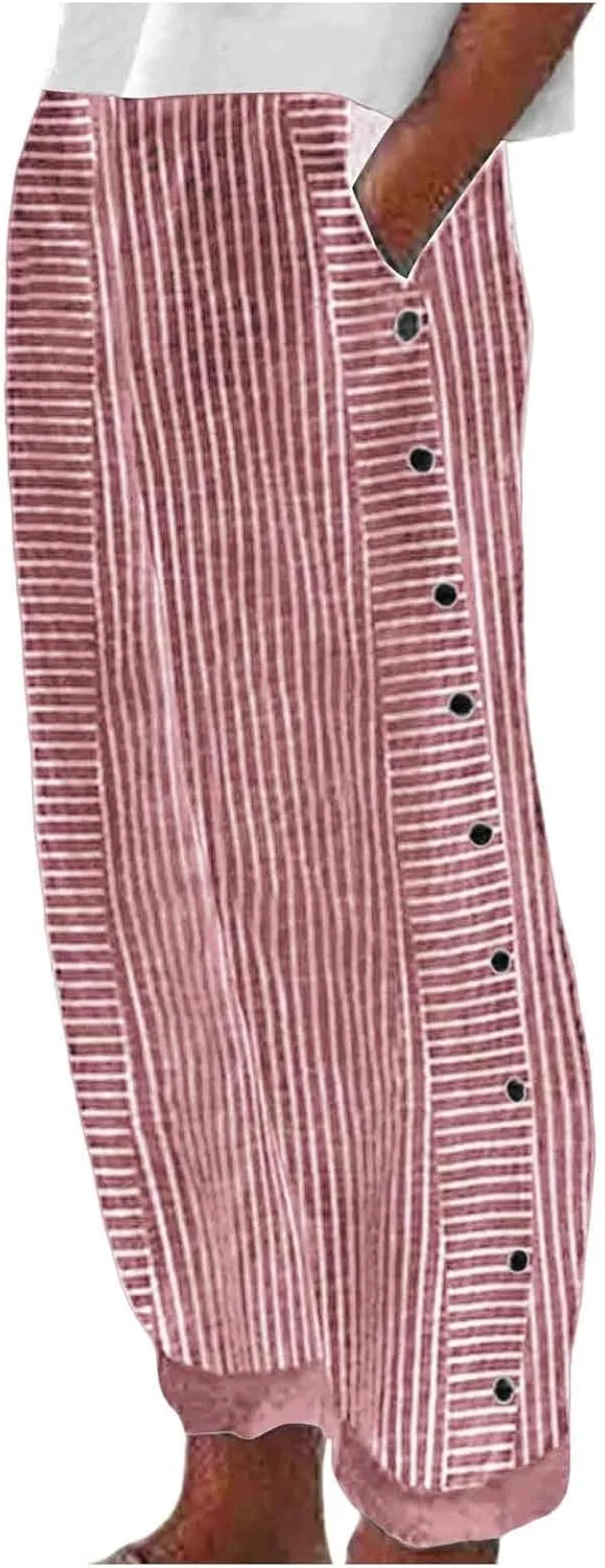 Casual Pants for Women Trendy Striped Side Button Elastic Waist Casual Pants Straight Leg Baggy Trousers with Pockets