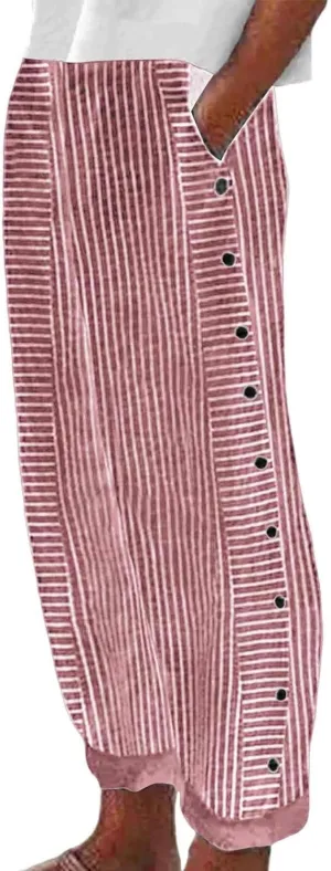 Casual Pants for Women Trendy Striped Side Button Elastic Waist Casual Pants Straight Leg Baggy Trousers with Pockets