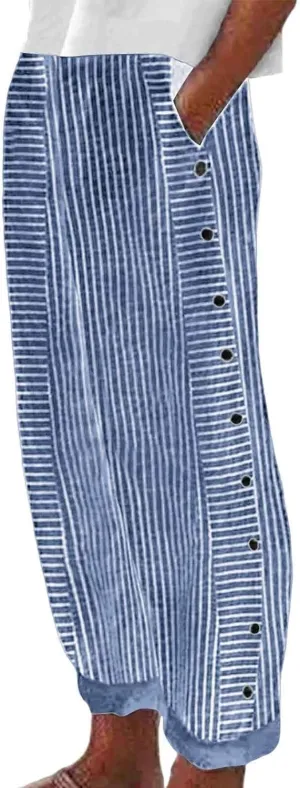 Casual Pants for Women Trendy Striped Side Button Elastic Waist Casual Pants Straight Leg Baggy Trousers with Pockets