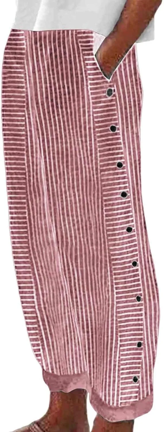 Casual Pants for Women Trendy Striped Side Button Elastic Waist Casual Pants Straight Leg Baggy Trousers with Pockets