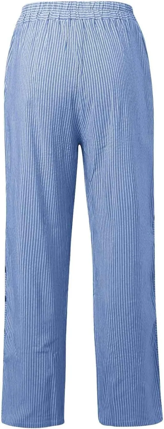 Casual Pants for Women Trendy Striped Side Button Elastic Waist Casual Pants Straight Leg Baggy Trousers with Pockets
