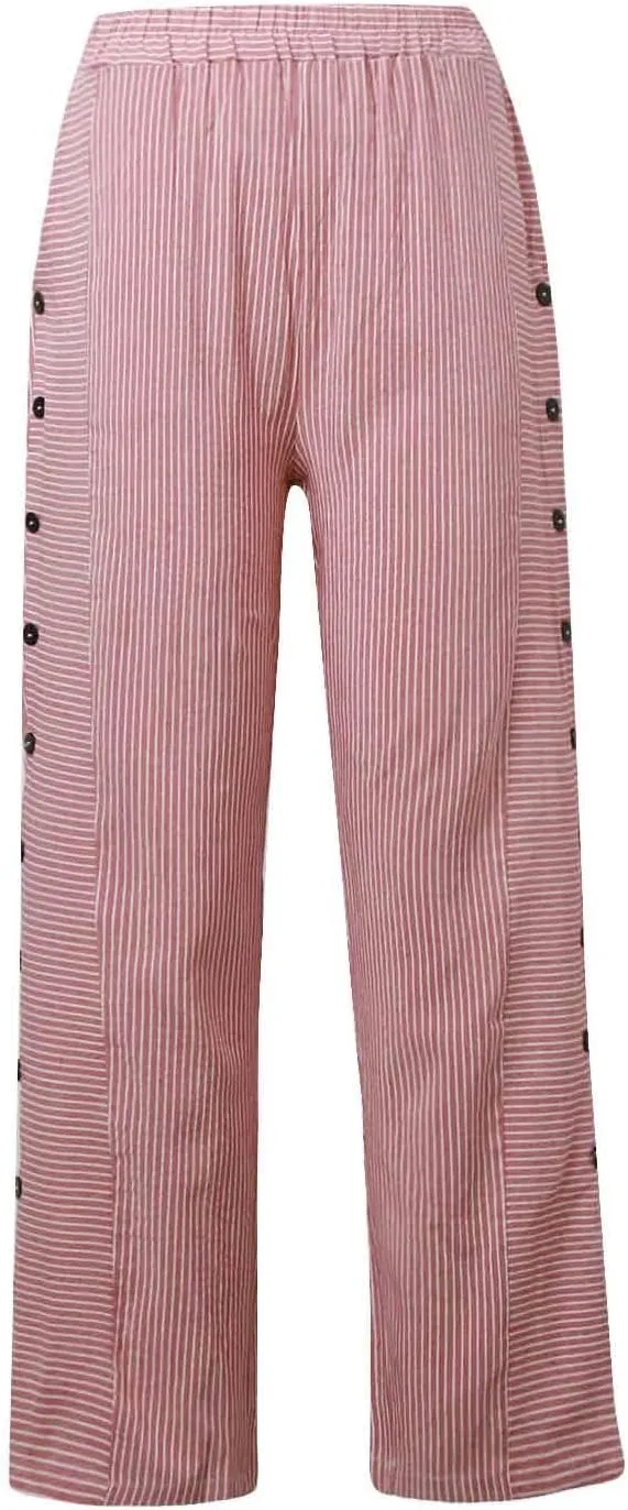 Casual Pants for Women Trendy Striped Side Button Elastic Waist Casual Pants Straight Leg Baggy Trousers with Pockets