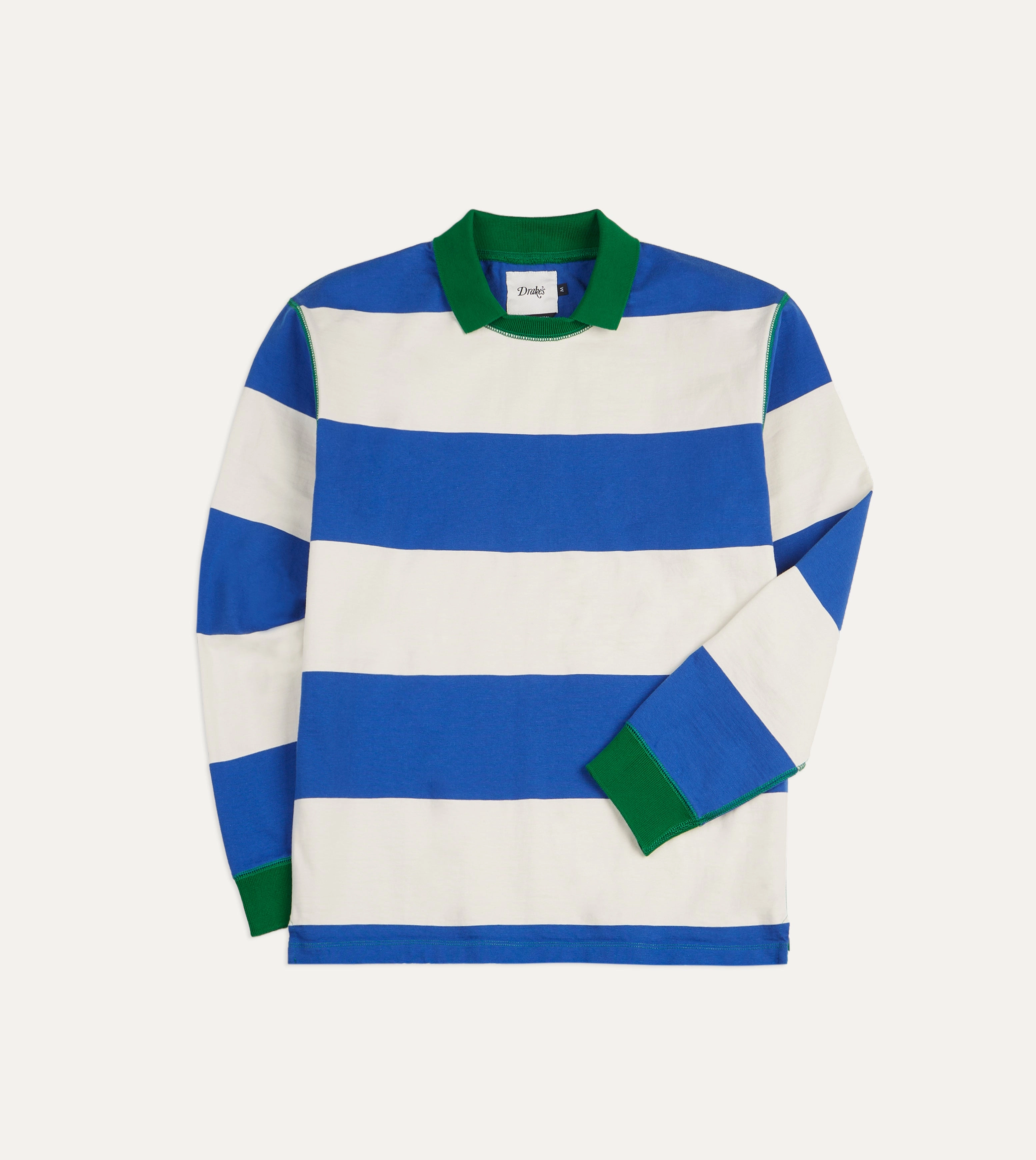 Blue and White Wide Stripe Mock Collar Long-Sleeve Jersey Antibacterial