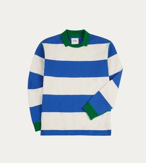 Blue and White Wide Stripe Mock Collar Long-Sleeve Jersey Antibacterial