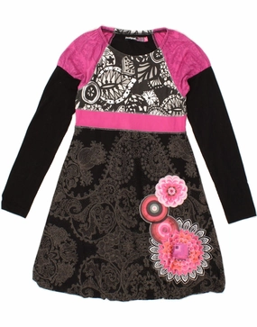DESIGUAL Girls Graphic Long Sleeve Basic Dress 9-10 Years Black Paisley Travel Vibe Smile Feel